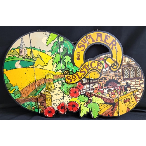 385 - HAND PAINTED WOODEN 'SUMMER SOLSTICE SIGN
signed by Andy G Neilson and William Moore and dated '76, ... 