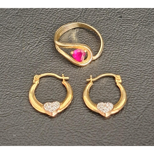 80 - PAIR OF NINE CARAT GOLD HOOP EARRINGS
with crystal set heart detail, 0.5 grams; and a damaged ruby s... 