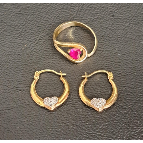 80 - PAIR OF NINE CARAT GOLD HOOP EARRINGS
with crystal set heart detail, 0.5 grams; and a damaged ruby s... 