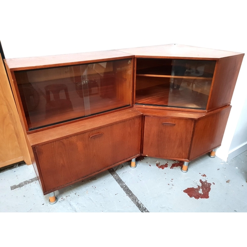 703 - MID CENTURY TEAK MODULAR UNITS
comprising corner glass fronted table top shelved TV cabinet 100 x 41... 