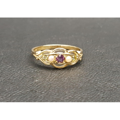 177 - PRETTY 'SUFFRAGETTE' CLUSTER RING
the central amethyst flanked by seed pearls and small peridots, on... 