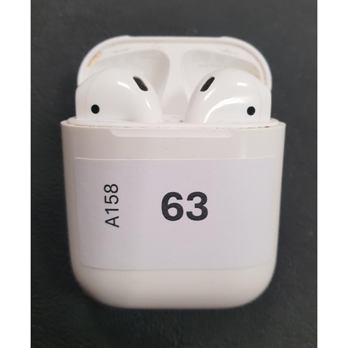 63 - PAIR OF APPLE AIRPODS 
in Lightning charging case
Not: Airpods model not visible as too worn.