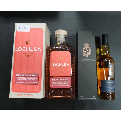 313 - TWO BOTTLES OF SINGLE MALT SCOTCH WHISKY
comprising one bottle of Lochlea Harvest Edition Third Crop... 