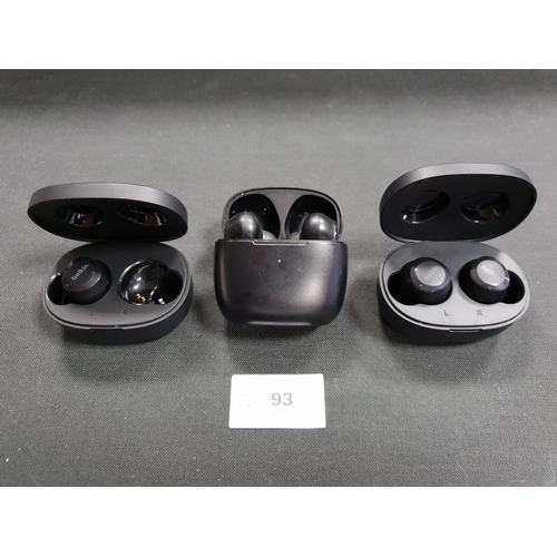 93 - TWO PAIRS OF EARBUDS IN CHARGING CASES
comprising Belkin and Earfun; together with a single Belkin e... 