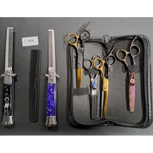 171 - FOUR PAIRS OF HEAIRDRESSING SCISSORS
and two flick combs