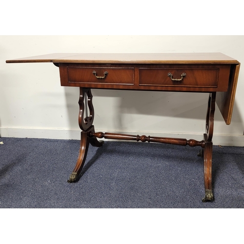 483 - BURTONS REPRODUCTION MAHOGANY SOFA TABLE
with decal in drawers 'Tradition Burton Reproductions limit... 