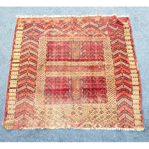 486 - ANTIQUE TURKMENISTAN ENSI WOOLLEN RUG
geometric pattern on a red ground, restorations, 124 x 133cm; ... 