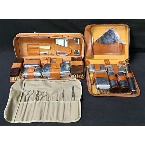 316 - TWO VINTAGE LEATHER BOUND VANITY SETS
with chrome accessories, and a vintage scalpel set (3)