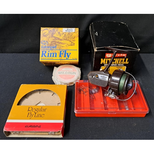 323 - SMALL SELECTION OF FISHING ACCESSORIES 
including an Intrepid fly reel, a Garcia Mitchell spinning r... 