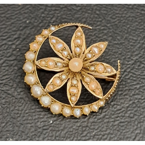 4 - SEED PEARL CRESCENT AND FLOWER BROOCH/PENDANT
in unmarked gold, 2.2cm wide and approximately 3 grams