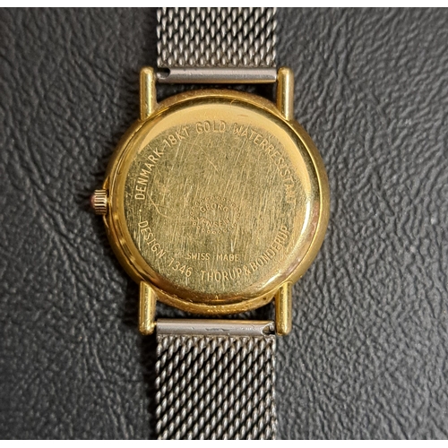 47 - LADIES GEORG JENSEN EIGHTEEN CARAT GOLD CASED WATCH 
the silvered dial with five minute markers, des... 