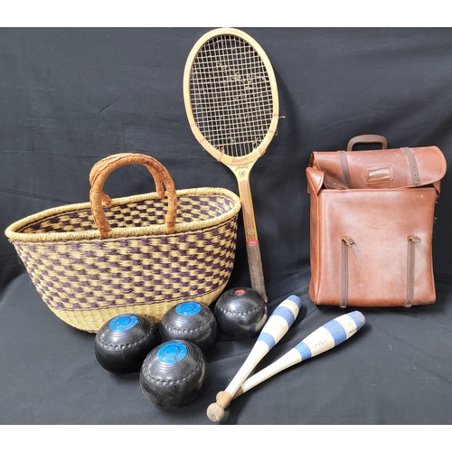 432 - SELECTION OF VINTAGE SPORTING ITEMS
comprising two sets of Henselite Super-Grip bowls, one set in bo... 