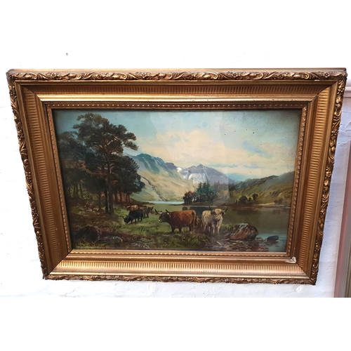 461 - CHARLES W MIDDLETON (BRITISH 1872-1952)
Highland cows at Loch Voil, oil on canvas, 
signed, and insc... 