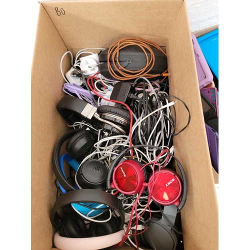 80 - ONE BOX OF HEADPHONES, CABLES AND CHARGERS
including: Sony and JBL