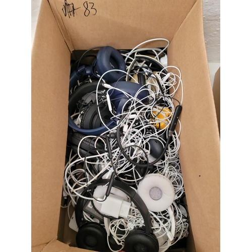 83 - ONE BOX OF HEADPHONES, CABLES AND CHARGERS
including: Sony, JBL and JVC