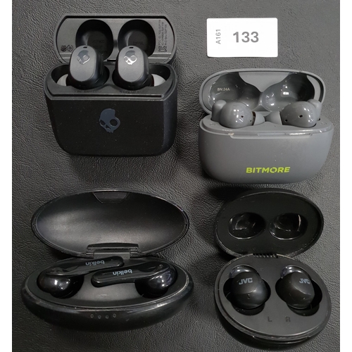 133 - FOUR PAIRS OF EARBUDS IN CHARGING CASES
comprising Belkin, JVC, Skullcandy and Bitmore