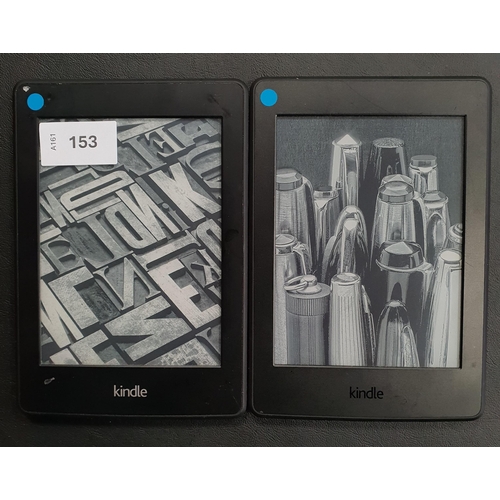 153 - TWO AMAZON KINDLE PAPERWHITE E-READERS
comprising a Paperwhite 3, serial number G090 G105 5294 0AHH;... 