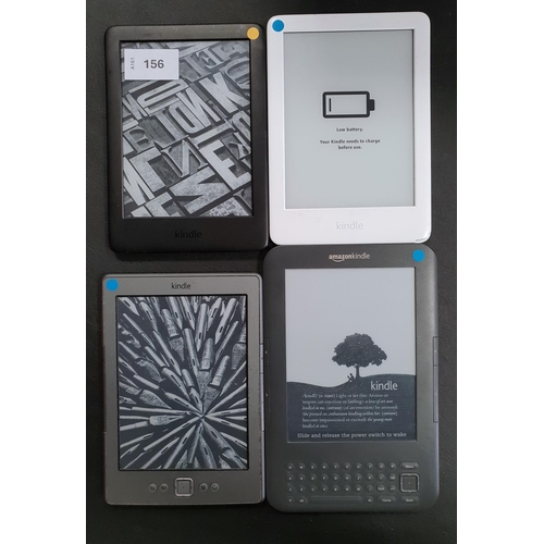 156 - FOUR AMAZON KINDLE E-READERS
comprising a Basic 3, serial number G090 VB06 1515 0CMU, a white Kindle... 