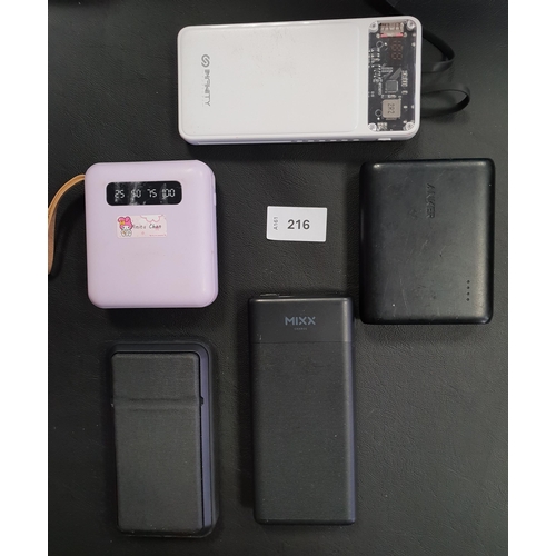 216 - SELECTION OF FIVE POWERBANKS
including Anker and Mophie