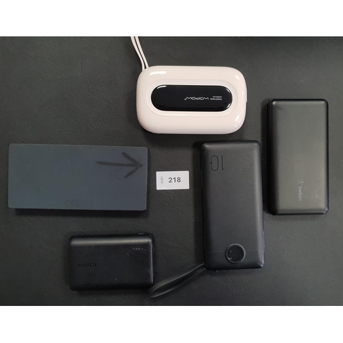 218 - SELECTION OF FIVE POWERBANKS
including Anker and Belkin