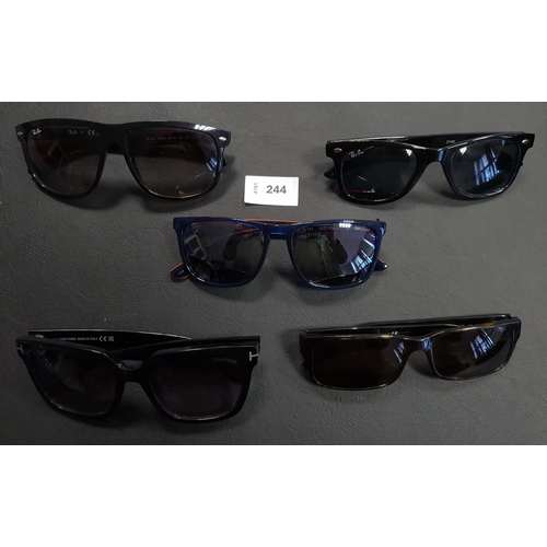 244 - FIVE PAIRS OF DESIGNER SUNGLASSES
comprising  2x Ray-Ban, Tom Ford, Ralph Lauren and Superdry