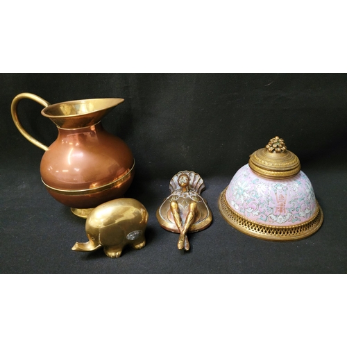 330 - CHINESE PINK GROUND FAMILLE ROSE AND BRASS MOUNTED INKWELL
the body with scroll and floral decoratio... 