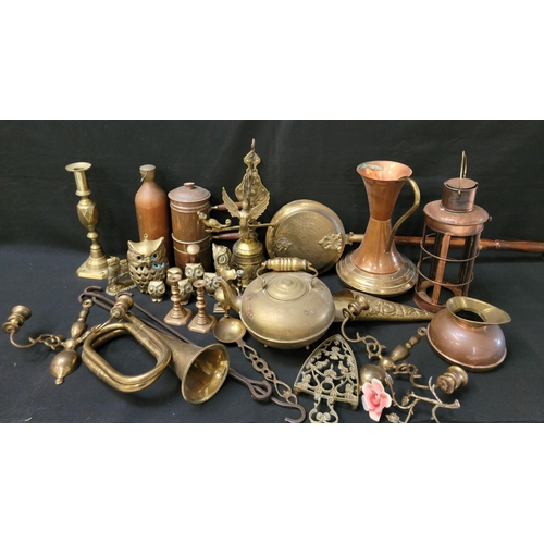 350 - SELECTION OF ANTIQUE COPPER, BRASS AND OTHER METALWARES
including a bed pan, numerous candle holders... 