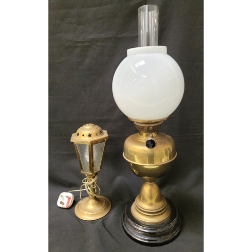 354 - BRASS OIL LAMP
complete with opaque glass shade and funnel, the base 37cm high; together with a bras... 