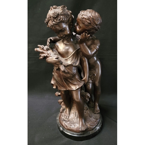 355 - AFTER AUGUSTE MOREAU (1834-1917) 
bronze sculpture of two children, one whispering in the ear of the... 