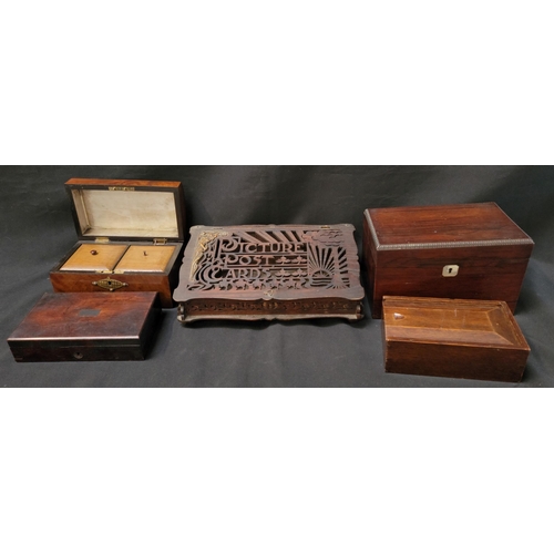 372 - SELECTION OF WOODEN BOXES
comprising an Art Nouveau style box with pierced sloping lid reading 'Pict... 