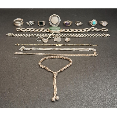 15 - SELECTION OF SILVER JEWELLERY
including eight rings, a Tiffany style heart tag necklace, a heavy unm... 