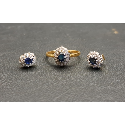 19 - SAPPHIRE AND DIAMOND CLUSTER RING AND MATCHING STUD EARRINGS
all in eighteen carat gold, the oval cu... 