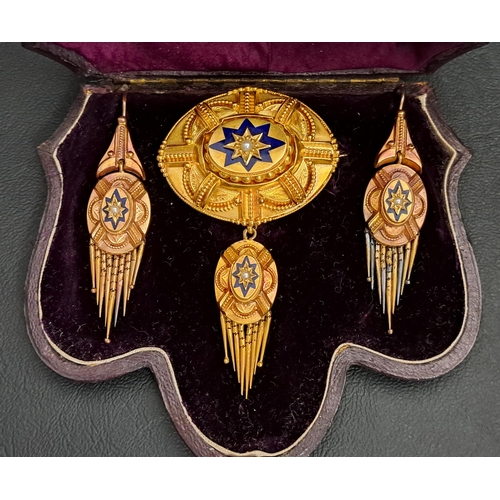 52 - IMPRESSIVE VICTORIAN ENAMEL AND SEED PEARL SET SUITE OF JEWELLERY
comprising a brooch/pendant and a ... 