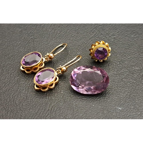 113 - PAIR OF AMETHYST DROP EARRINGS
each with oval cut amethyst drops in nine carat gold, the amethysts t... 