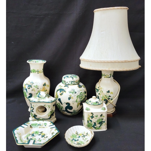 273 - SELECTION OF MASON'S IRONSTONE CHARTREUSE CERAMICS
comprising an Indian vase shaped lamp, a large va... 