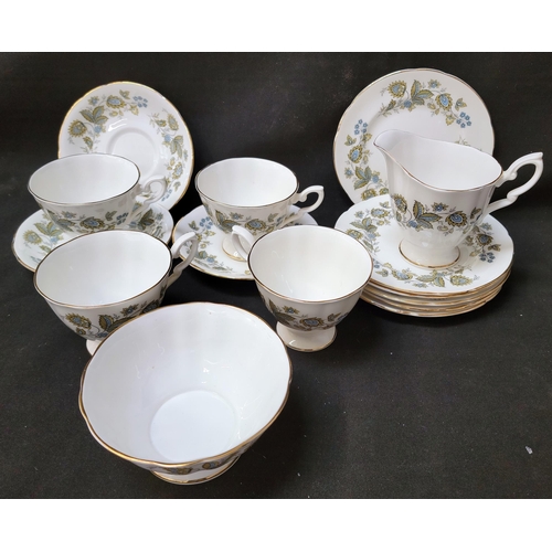 280 - ROYAL STAFFORD TEA SET
the foliate decoration on a white ground, comprising six cups, saucers and si... 