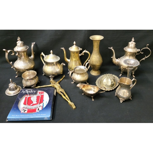 351 - SELECTION OF SILVER PLATED AND OTHER METALWARES
including part teaset, vases, a plant pot, a spill v... 