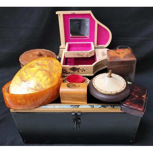 360 - SELECTION OF BOXES
including an amber Catalin oval box, 19.3cm wide; a Mauchline ware box depicting ... 