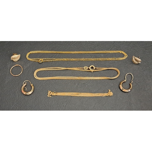 70 - SELECTION OF NINE CARAT GOLD JEWELLERY
comprising two neck chains, 39cm and 46cm long; a pair of hoo... 