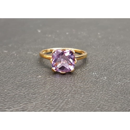 78 - AMETHYST SINGLE STONE RING 
the checkerboard cut amethyst measuring approximately 8.8 x 8.8 x 5.6mm,... 