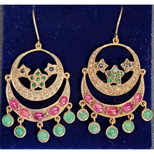 120 - PAIR OF GEM SET EARRINGS
the drop earrings set with emeralds, rubies and diamonds, in unmarked silve... 