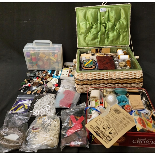 382 - SEWING BOX
with contents including thimbles, box of threads, and a quantity of buttons