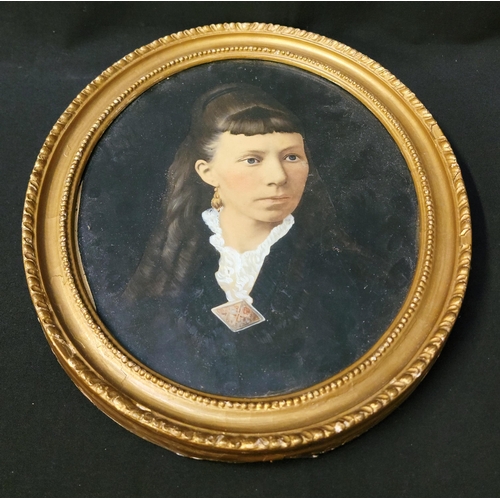 529 - OVAL HAND PAINTED DAGUERREOTYPE PORTRAIT OF A LADY
the lady with white collar and gold conch earring... 