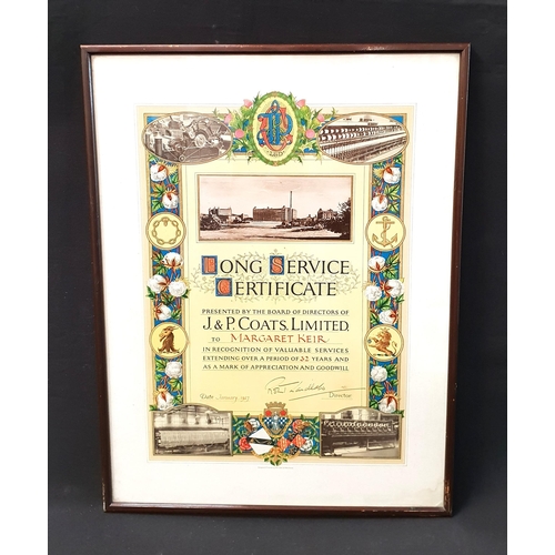 384 - FRAMED J. & P. COATS LIMITED LONG SERVICE CERTIFICATE
the colourful certificate with photograph of t... 