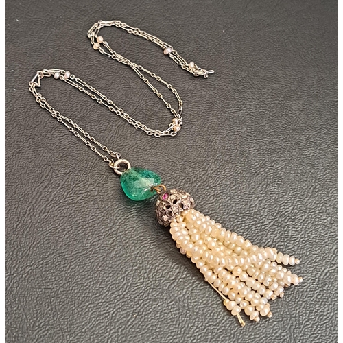 105 - UNUSUAL EARLY 20th CENTURY EMERALD, DIAMOND, RUBY AND PEARL TASSEL CENTREPIECE NECKLET
the twelve se...
