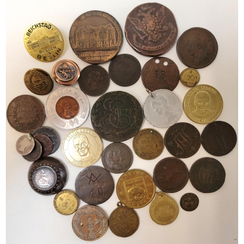 504 - SELECTION OF COINS, BADGES AND BUTTONS 
including 1836 four penny button, Masonic coin, 1870 Manitob... 