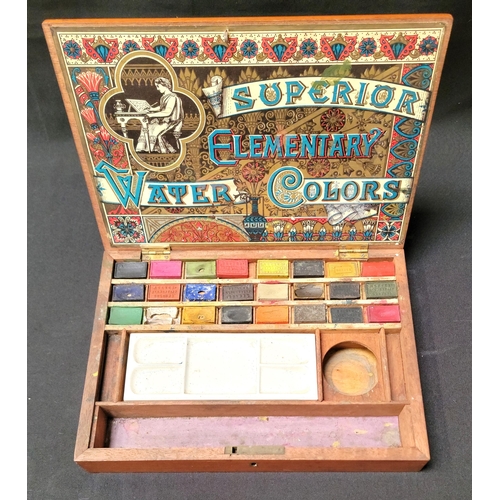 VICTORIAN REEVES & SON WATERCOLOUR SET in Mahogany box, with ceramic ...
