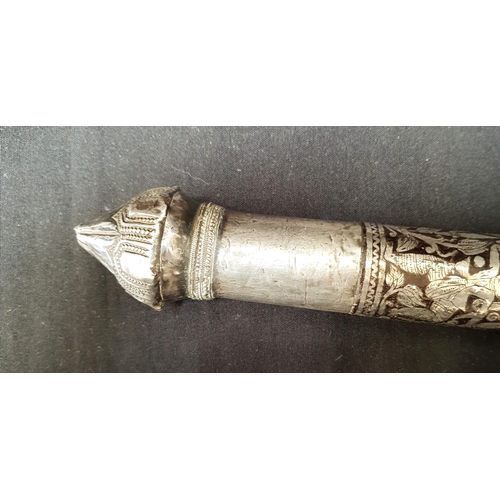 525 - PAIR OF 19th CENTURY BURMESE DHA SWORDS
with silver damascened hilt depicting figures with animal he... 