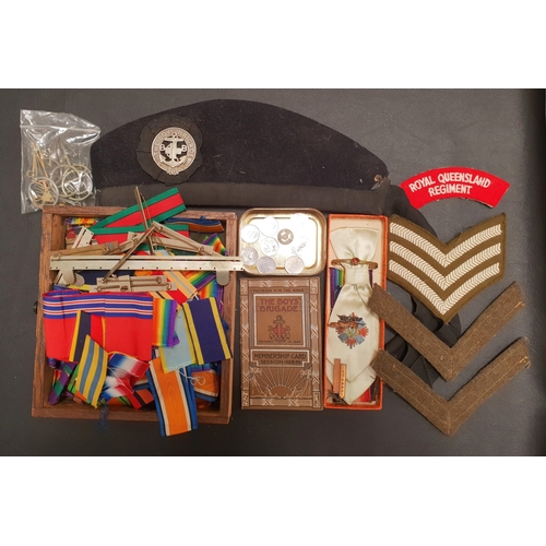 527 - ASSORTMENT OF WORLD WAR MEDAL RIBBONS AND BADGES 
together with a selection of commemorative reprodu... 