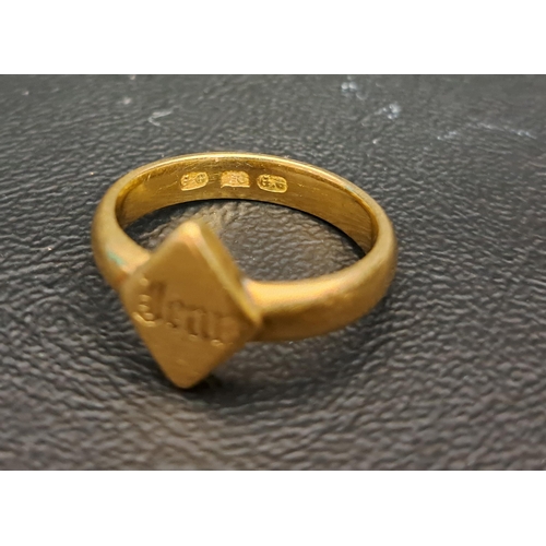 59 - UNUSUAL EIGHTEEN CARAT GOLD SIGNET RING
with central diamond shaped panel engraved 'Fear', maker mar... 